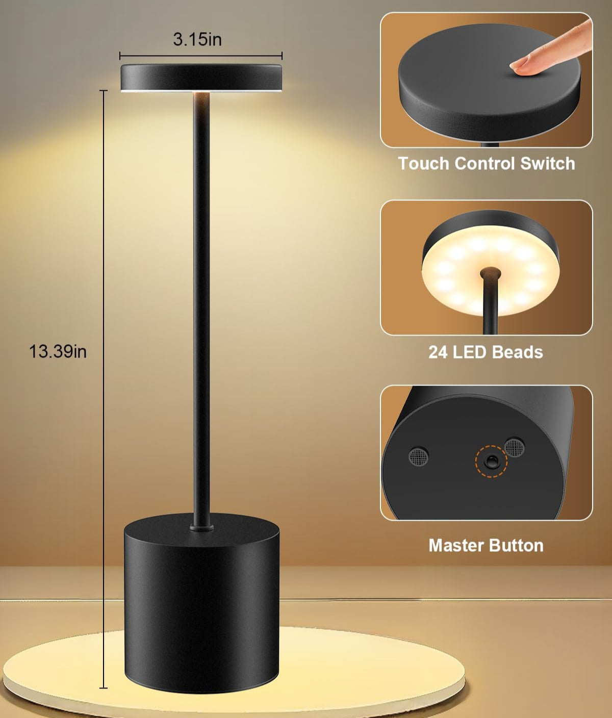 Wireless Table Lamp - Touch Lamp with 3 Light Modes